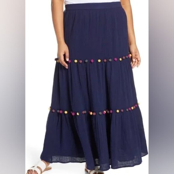 Caslon Tiered PomPom Navy Maxi Boho Prairie Skirt modest Large NWOT - Picture 2 of 3